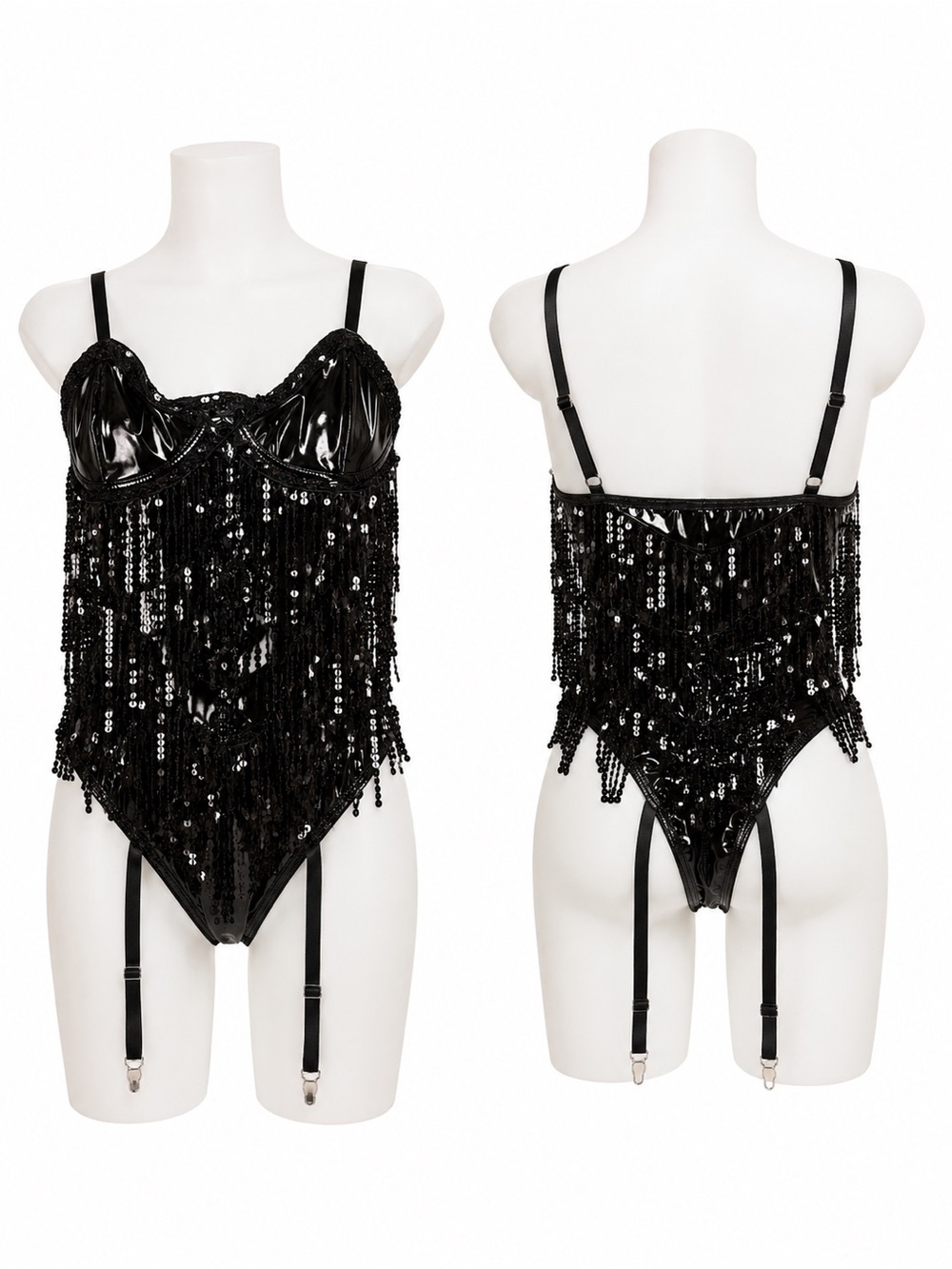 Black Sequin Fringe Bodysuit with Garters